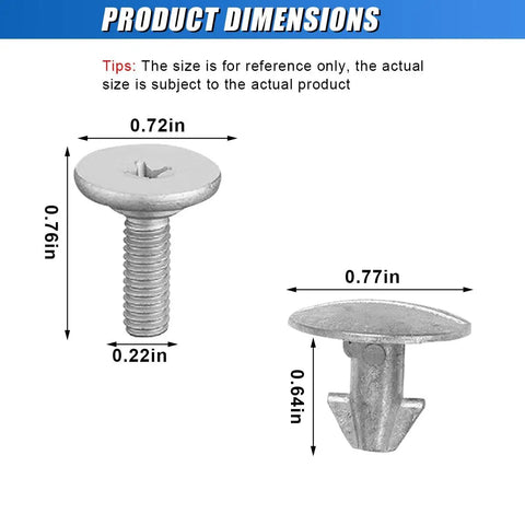 Beefy 8 Piece Car Engine Splash Shield Hardware Kit Featuring Lower Cover Pins Bolts And Radiator Clips For Skid Plate dimensions and size details.