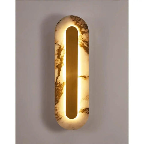 Modern Minimalist Long Marble Wall Sconce Nordic Alabaster Wall Mount Light Fixture Interior hardwired, oval shape with soft warm lighting.