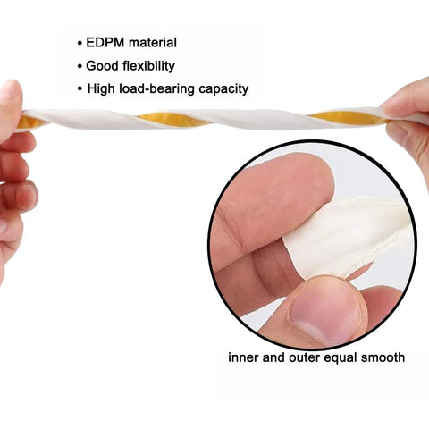 Close-up of Weather Stripping Seal Tape For Doors And Windows Frames Self Adhesive D Type Foam Sealing Strip with white rubber.