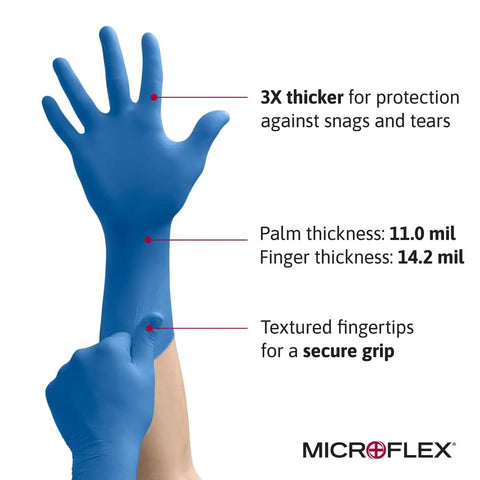 Extra Thick Disposable Latex Gloves With Textured Fingertips For Life Sciences And Automotive Blue Small Durable Grippy Feel And Extended Cuff For Fine Equipment Handling Food Prep And Light Industrial Tasks Box Of 50 illustrated as hand wearing blue glove with text highlighting thickness and grip features.