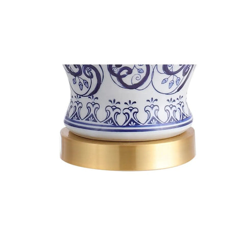 Base detail of Blue And White Chinoiserie Ceramic LED Table Lamp With White Linen Shade Hand Painted Floral Vase Style