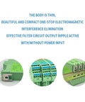 Three views of DC 24V Signal Isolator for PLC with one input, two analog outputs, rail mount, ultra-thin design.