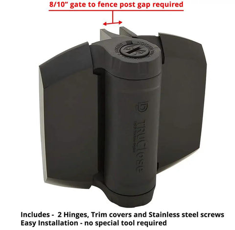 Workhorse Heavy Duty Gate Hinges With No Sweat Tension Adjustment For Pool Safety And High Traffic Fences Smooth Self Closing Operation Sleek black hinge with easy installation features.