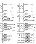 Diagram of wiring configurations for Two Pack Inductive Proximity Switch For 3D Printers LJ12A3-4-Z/BX with NPN and PNP options.