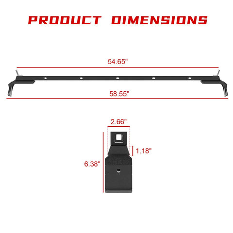 Product dimensions of Heavy Duty Black Roof Rack Crossbars For Jeep Wrangler JK JL Gladiator JT Hardtops measuring 54.65" and 58.55".