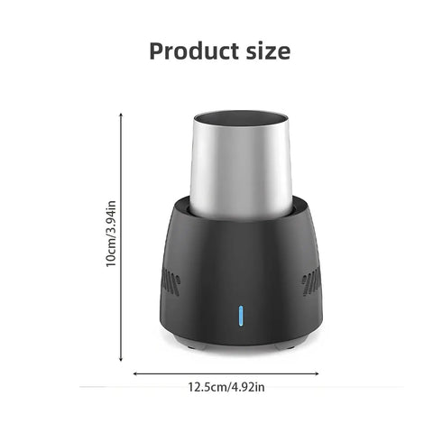 Super Portable Electric Freeze Mug And Quick Chill Cup For Ice Cold Beer Soda Canned Drinks Milk Or Coffee Compact black mini chiller dimensions 12.5cm by 10cm.