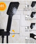 Heavy Duty Black Shower System With 12X8 Inch Rainfall Head Wall Mounted Tub And Shower Trim Kit Featuring 3 Mode Handheld Sprayer Rust Resistant Brass Build For Bathrooms, ABS plastic handheld sprayer with adjustable angle.