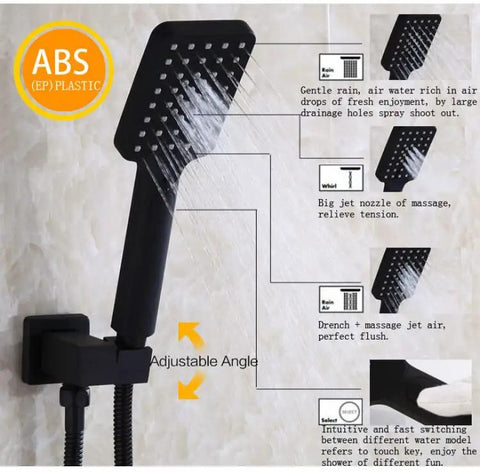 Heavy Duty Black Shower System With 12X8 Inch Rainfall Head Wall Mounted Tub And Shower Trim Kit Featuring 3 Mode Handheld Sprayer Rust Resistant Brass Build For Bathrooms, ABS plastic handheld sprayer with adjustable angle.