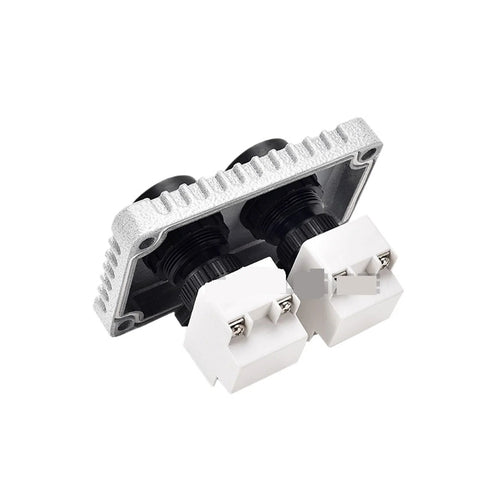Aluminum IP65 junction box with two black push-button switches and white screw-terminal blocks