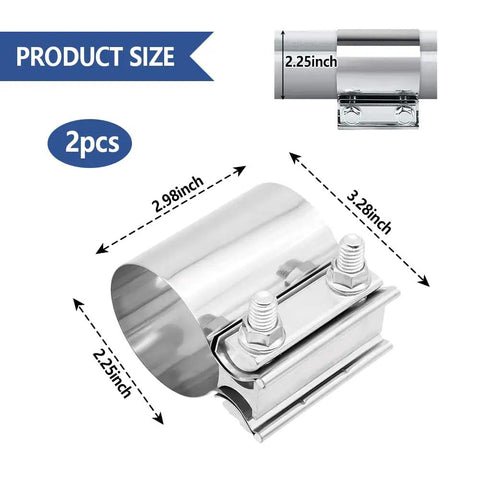Stainless Steel Lap Joint Band Clamp 2.25 Inch Exhaust Clamp Set shown with dimensions and details