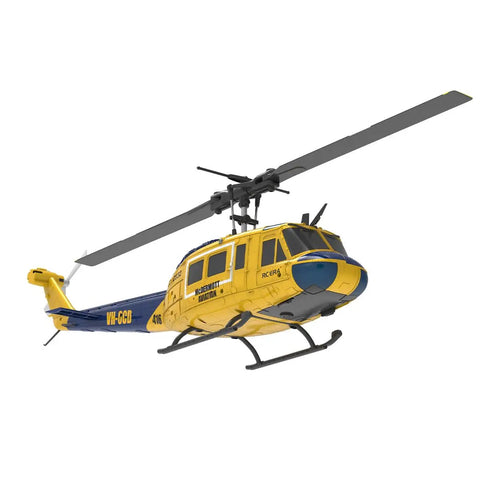 UH 1 Huey RC Helicopter For Grownups One To 48 Scale Flybarless 6CH Remote Control Model yellow blue side view