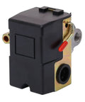 Air Compressor Pressure Switch 95 to 125 PSI Four Ports One Quarter Inch NPT With Unloader Valve On Off Lever in black housing