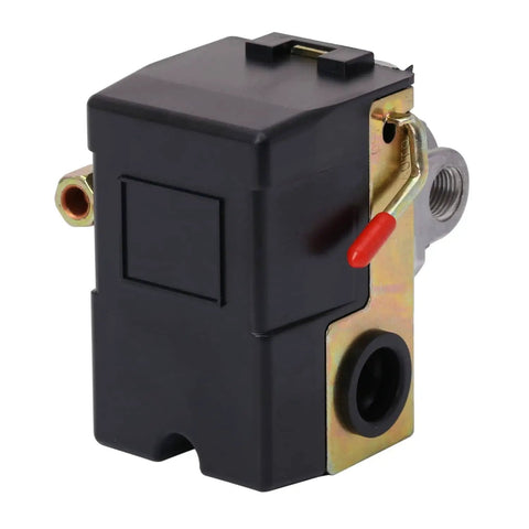 Air Compressor Pressure Switch 95 to 125 PSI Four Ports One Quarter Inch NPT With Unloader Valve On Off Lever in black housing