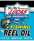 Product label for Lucas Oil Fishing Reel Oil displaying brand logo and safety information