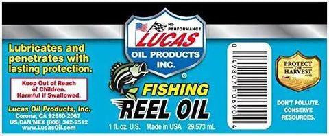 Product label for Lucas Oil Fishing Reel Oil displaying brand logo and safety information