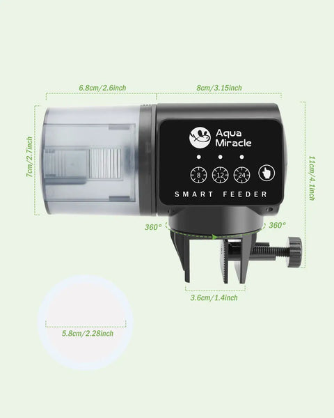 Automatic Fish Feeder For Home Tank Programmable Timer Setup features clear drum, adjustable holder, and time settings.