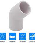 Two Way 45 Degree PVC Elbow Fittings For DIY Frames And Structures Half Inch Schedule 40 Furniture Grade Set Of Ten Connectors Fits Half Inch PVC Pipe Easy Insertion And Secure Fix Great For Home DIY Projects And Pro Builds. White PVC elbow connector angled view with durability icons on white background.