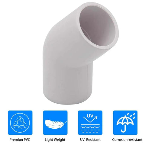 Two Way 45 Degree PVC Elbow Fittings For DIY Frames And Structures Half Inch Schedule 40 Furniture Grade Set Of Ten Connectors Fits Half Inch PVC Pipe Easy Insertion And Secure Fix Great For Home DIY Projects And Pro Builds. White PVC elbow connector angled view with durability icons on white background.