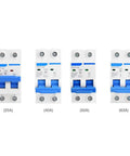 Four DZ47-63 2 Pole 400V AC Miniature Circuit Breakers with Leakage Air Switches 25A, 40A, 50A, 63A front view.