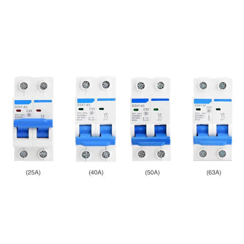 Four DZ47-63 2 Pole 400V AC Miniature Circuit Breakers with Leakage Air Switches 25A, 40A, 50A, 63A front view.