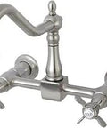 Essex Wall Mount 8 Inch Centerset Kitchen Faucet In Brushed Nickel, Drip Free Ceramic Disc, 2 Hole Installation, Victorian Inspired
