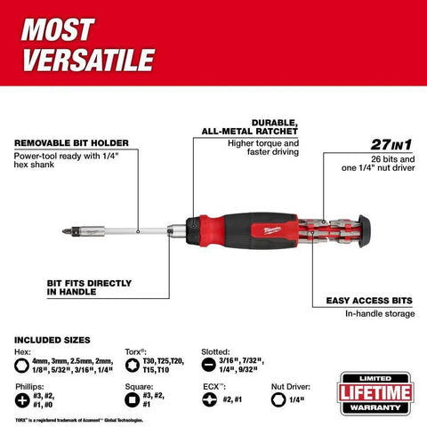 27-In-1 Screwdriver Set With M-BIT RCHT, Red Handle, 48-22-2904, showing removable bit holder and all-metal ratchet features