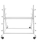 Rock Solid Five Tier Heavy Duty Horizontal Storage Rack With Smooth Rolling Wheels And Sure Lock Brakes 500 Lb Cantilever Lumber Rack front view showing wheels and framework.