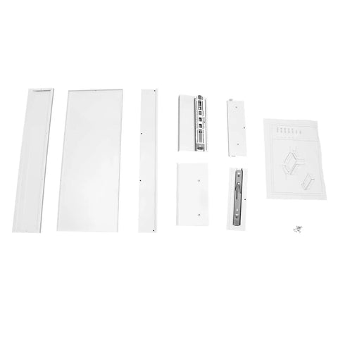 Slick 22 Inch Under Mount Desk Drawer Slide Out Kit parts, includes white panels and assembly instructions for installation.