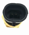 Engine coolant temperature sensor, brass body with black rubber connector, front view with two-pin plug