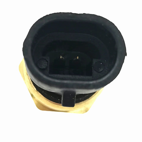 Engine coolant temperature sensor, brass body with black rubber connector, front view with two-pin plug