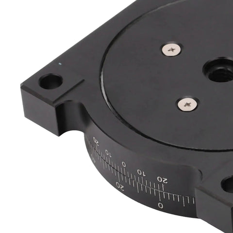 Close-up of Beefy Manual Displacement Platform With R Axis Rotating Linear Stage showing measurement details on 360-degree table.