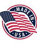 Made in USA circular badge with waving American flag.