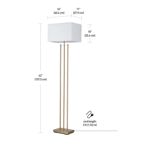 Diagram of SoHo Floor Lamp 62 Inch In Matte Brass With White Linen Shade; dimensions illustrated with height and shade size.