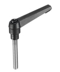 Side view of adjustable clamping lever handle, black lever with stainless steel M8 x 50mm threaded stud