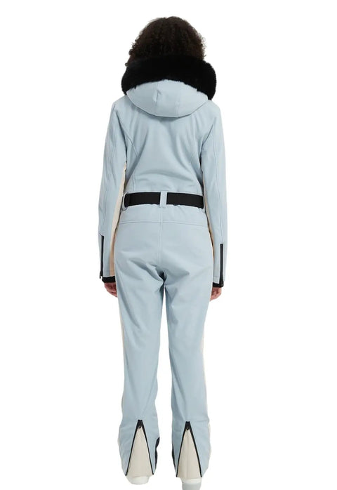 Back view of Women Slim Fit One Piece Ski Suit Insulated Snow Jumpsuit Waterproof Windproof Winter Sports Gear Warm Light Blue Size S