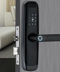 Heavy Duty Smart Door Lock With Fingerprint Card Passcode Keyless Entry Auto Lock showing sleek design on door.