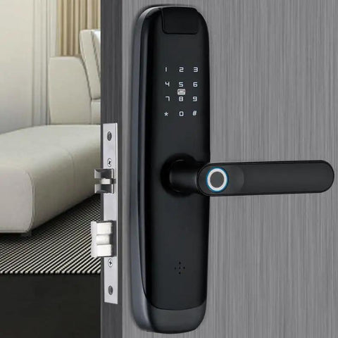 Heavy Duty Smart Door Lock With Fingerprint Card Passcode Keyless Entry Auto Lock showing sleek design on door.