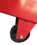 Close-up of Heavy-Duty 2 Ton Hydraulic Engine Hoist Cherry Picker wheel and red support frame, showing durable material for stability.