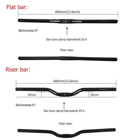 Comparison of flat and riser bars, showing dimensions and angles, focused on Aluminum Alloy Flat Bike Handlebar 31.8mm Clamp 620mm
