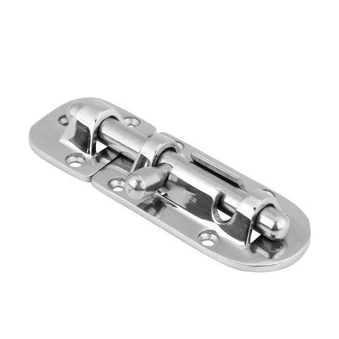 Front view of boat door/window latch in silver marine-grade stainless steel with sliding bolt and mounting plate.