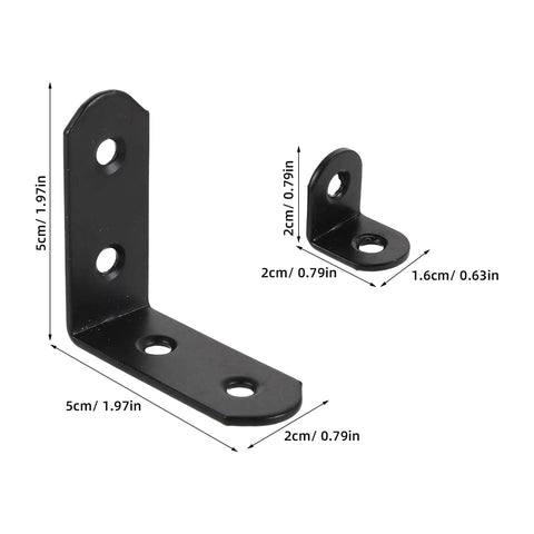 Beefy Heavy Duty L Shaped Corner Braces Set, 20 Pcs Metal Shelf Mount Brackets in Two Sizes shown with measurements