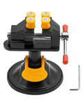 Hella Durable Mini Bench Vise With Bombproof Suction Grip And Flawless 360 Degree Swivel Action forged from premium aluminum with suction base.