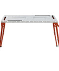 Heavy Duty Steel Welding Table With Adjustable Height And Foldable Legs, Portable Workbench Boasting 1000 Lb Capacity, with red legs.