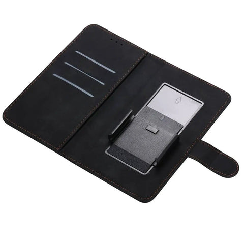 Stylish Black Fit Case For Danew Trace T-One Phone Plus open showing card slots and phone holder in black material.