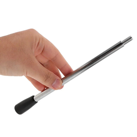 Hand holding a steel Two Piece M8 Threaded Bench Drill Handle with a black grip for smooth rotation while boring holes.