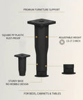 Black Square Adjustable Furniture Leg With Threaded Height Adjustment from Thirteen to Seventeen Point Three Inches for Leveling Beds Cabinets and Tables Sturdy PP Plastic Support One Piece For Indoor Use And Sofa Or Desk Stabilization product display with labels