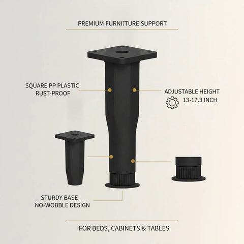 Black Square Adjustable Furniture Leg With Threaded Height Adjustment from Thirteen to Seventeen Point Three Inches for Leveling Beds Cabinets and Tables Sturdy PP Plastic Support One Piece For Indoor Use And Sofa Or Desk Stabilization product display with labels