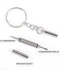 3 In 1 Glasses Screwdriver Kit With Keychain Holder for Eyewear, featuring flat head, Phillips, and hex bits, ultra portable design.