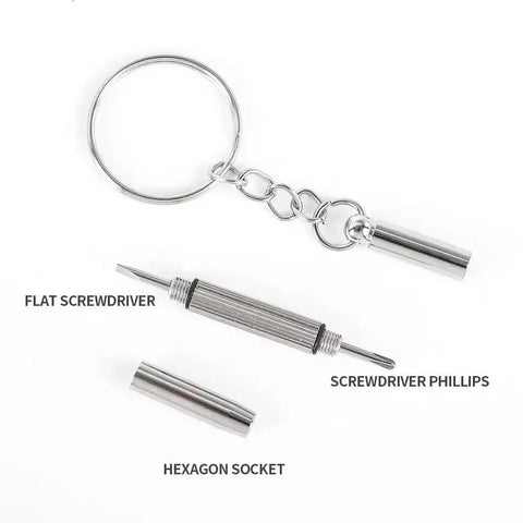 3 In 1 Glasses Screwdriver Kit With Keychain Holder for Eyewear, featuring flat head, Phillips, and hex bits, ultra portable design.
