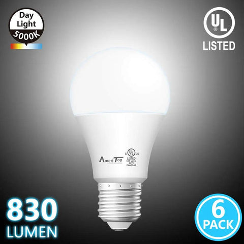 A19 LED Light Bulbs Six Pack 9W 60W Equivalent 830 Lumens Daylight 5000K E26 Base UL Listed Non Dimmable
